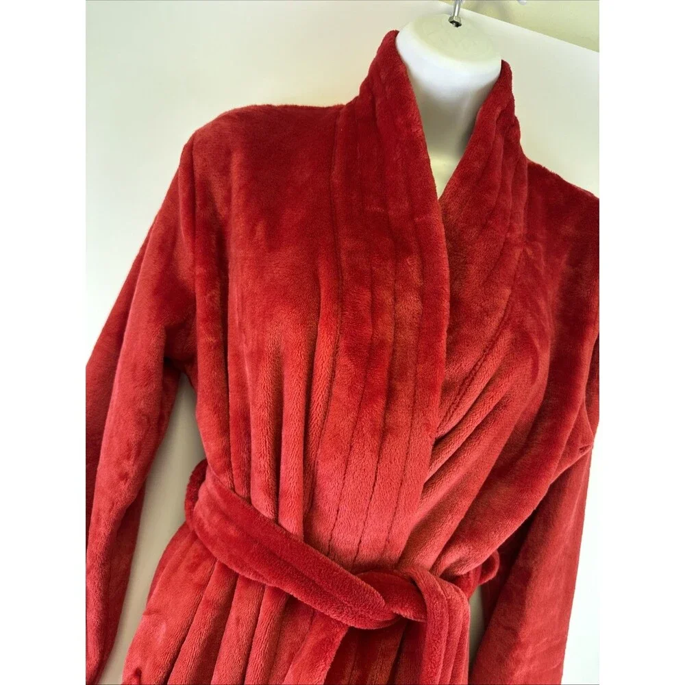 Lands End Cozy Plush Long Wrap Robe Belt Red Patch Pockets Soft Womens XS‎ 2-4